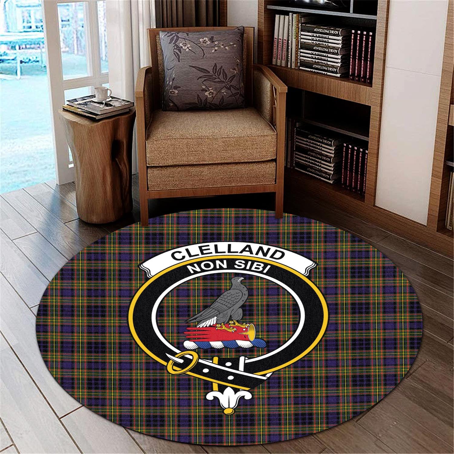 Clelland Modern Tartan Round Rug with Family Crest - Tartanvibesclothing