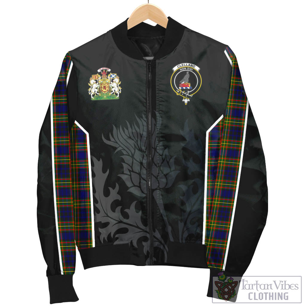 Tartan Vibes Clothing Clelland Modern Tartan Bomber Jacket with Family Crest and Scottish Thistle Vibes Sport Style