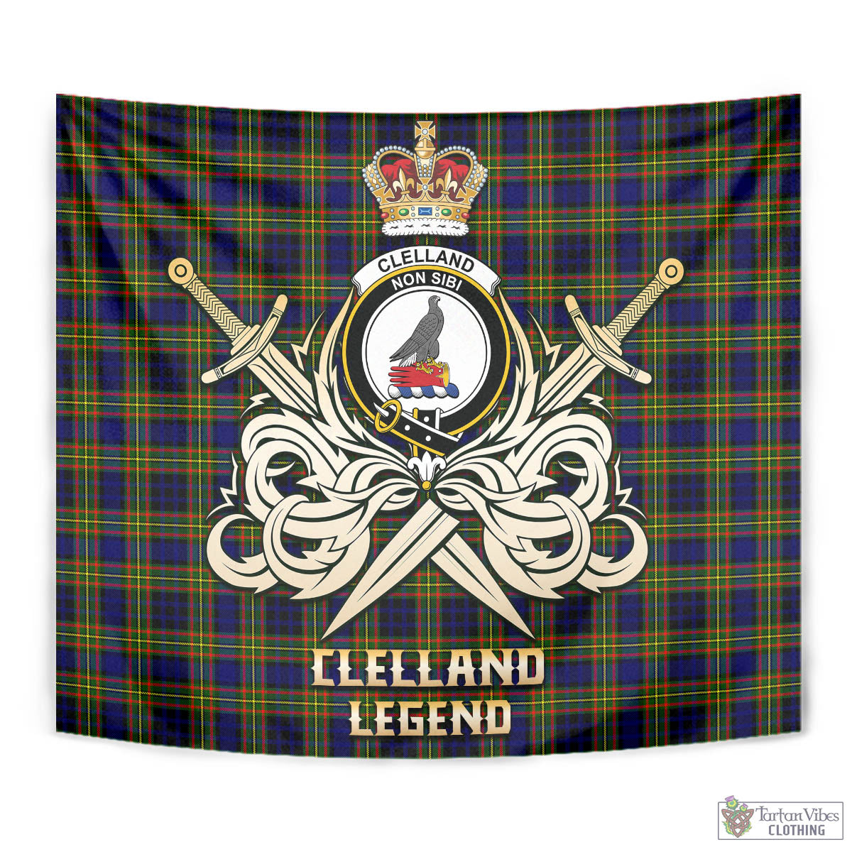 Tartan Vibes Clothing Clelland Modern Tartan Tapestry with Clan Crest and the Golden Sword of Courageous Legacy