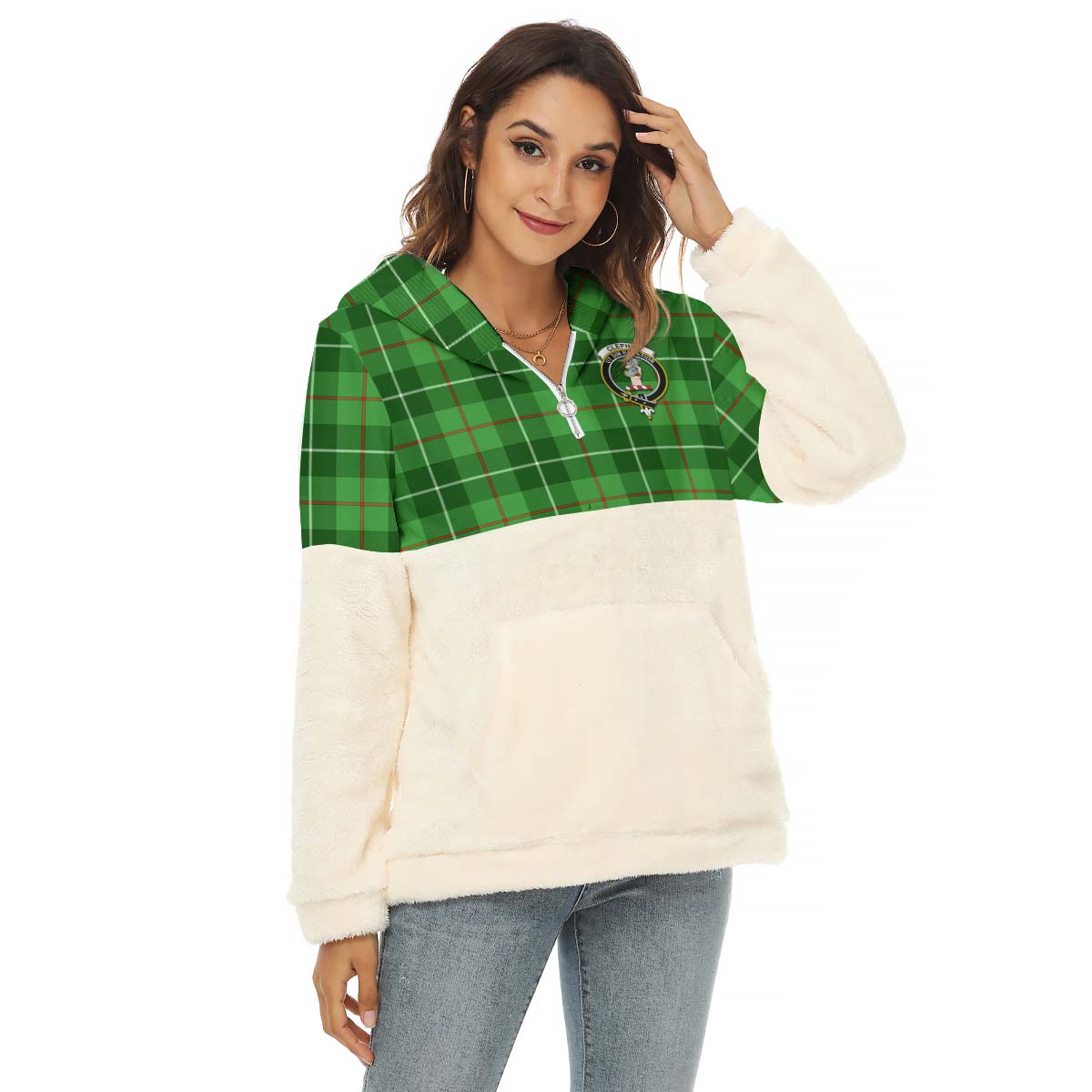 Clephane (Clephan) Tartan Women's Borg Fleece Hoodie With Half Zip with Family Crest Female - Tartan Vibes Clothing