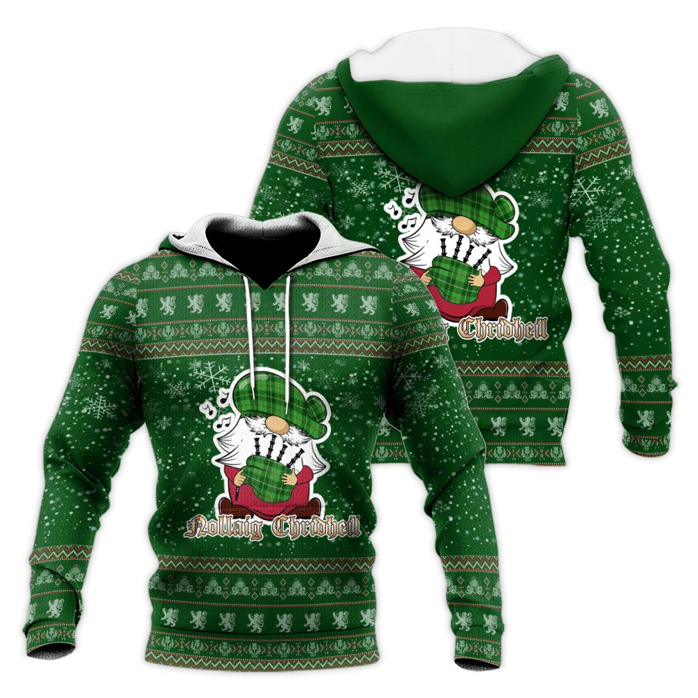 Clephan Clan Christmas Knitted Hoodie with Funny Gnome Playing Bagpipes Green - Tartanvibesclothing
