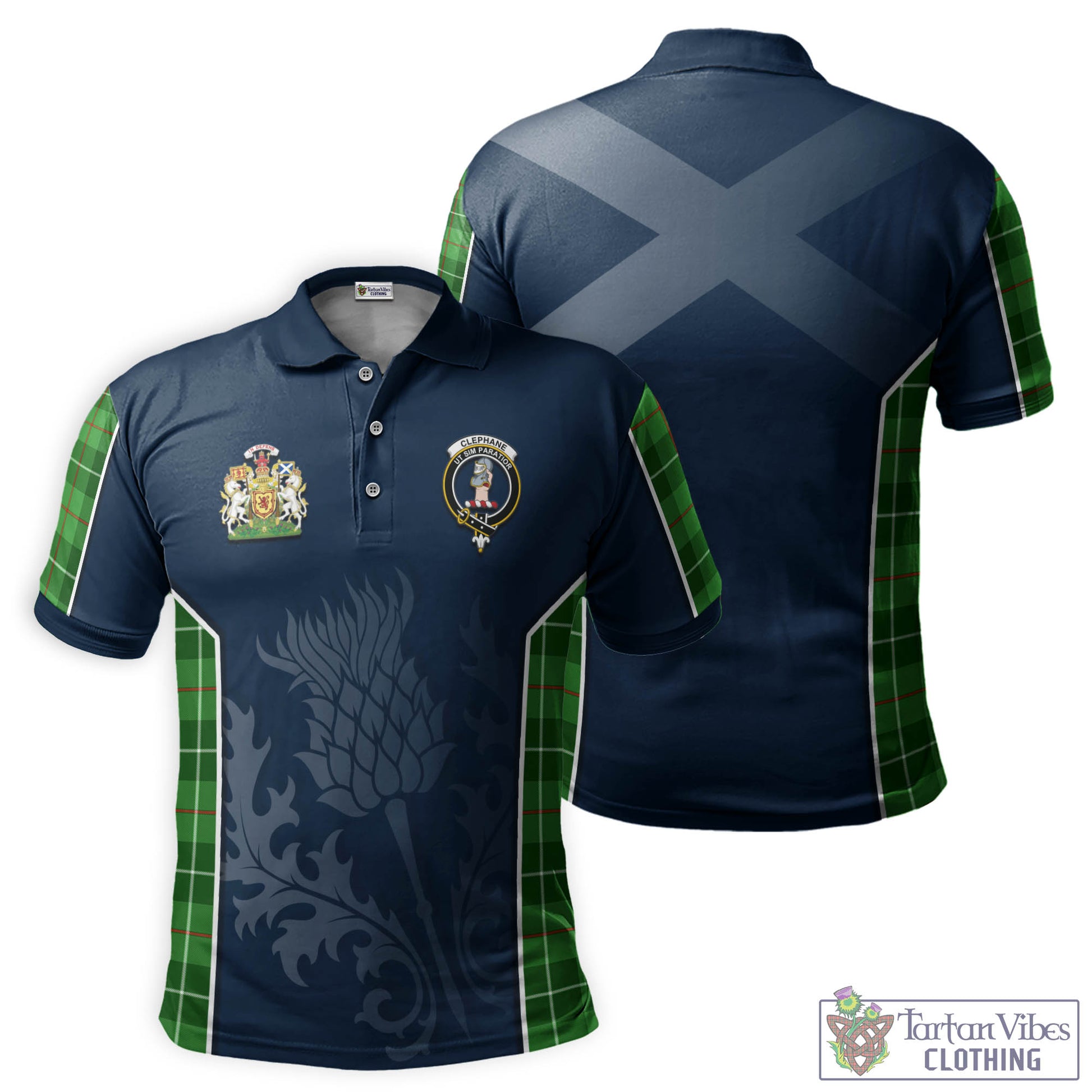 Tartan Vibes Clothing Clephane Tartan Men's Polo Shirt with Family Crest and Scottish Thistle Vibes Sport Style