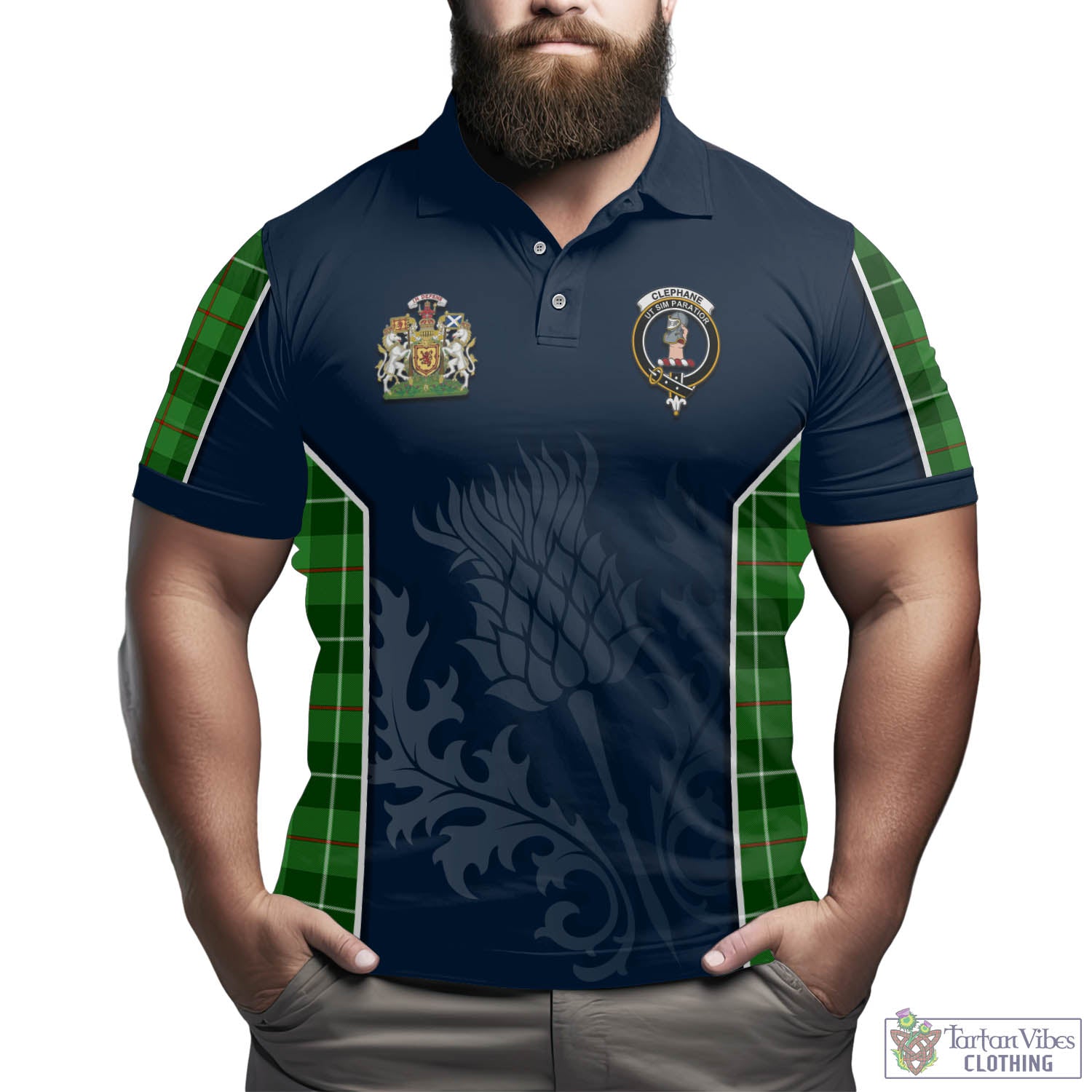 Tartan Vibes Clothing Clephane Tartan Men's Polo Shirt with Family Crest and Scottish Thistle Vibes Sport Style