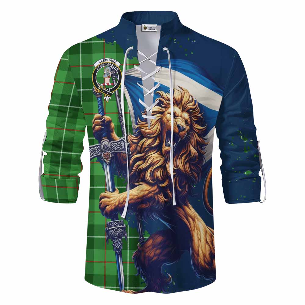 Tartan Vibes Clothing Clephane (Clephan) Tartan Family Crest Ghillie Kilt Shirt with Scottish Majestic Lion