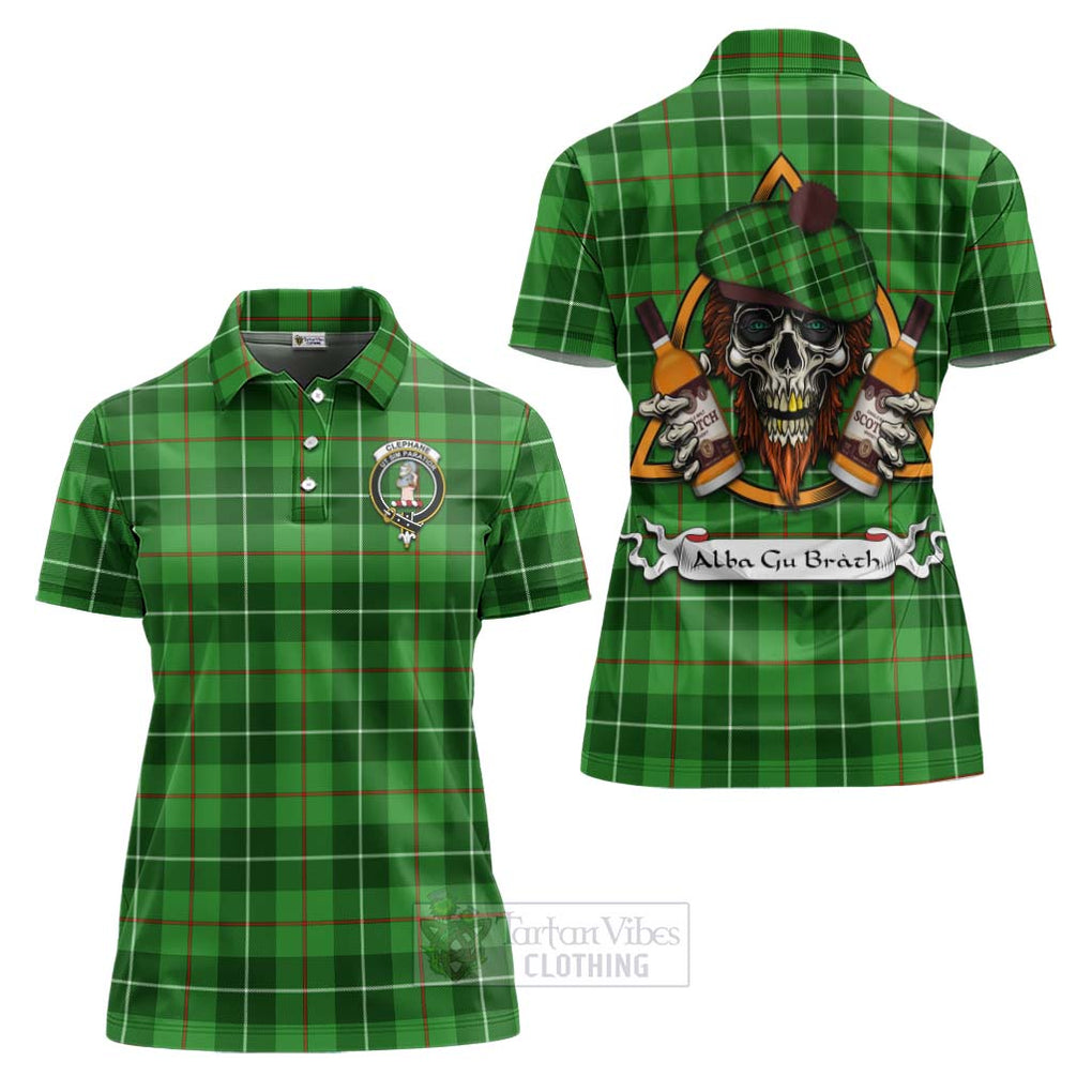 Tartan Vibes Clothing Clephane (Clephan) Tartan Women's Polo Shirt with Family Crest and Bearded Skull Holding Bottles of Whiskey