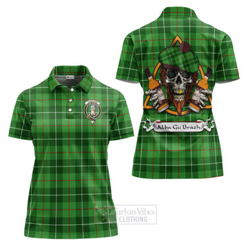 Clephane (Clephan) Tartan Women's Polo Shirt with Family Crest and Bearded Skull Holding Bottles of Whiskey