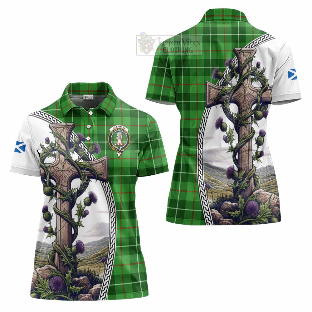 Tartan Vibes Clothing Clephane (Clephan) Tartan Women's Polo Shirt with Family Crest and St. Andrew's Cross Accented by Thistle Vines