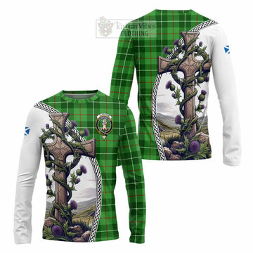 Clephane (Clephan) Tartan Long Sleeve T-Shirt with Family Crest and St. Andrew's Cross Accented by Thistle Vines