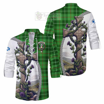 Clephane (Clephan) Tartan Ghillie Kilt Shirt with Family Crest and St. Andrew's Cross Accented by Thistle Vines