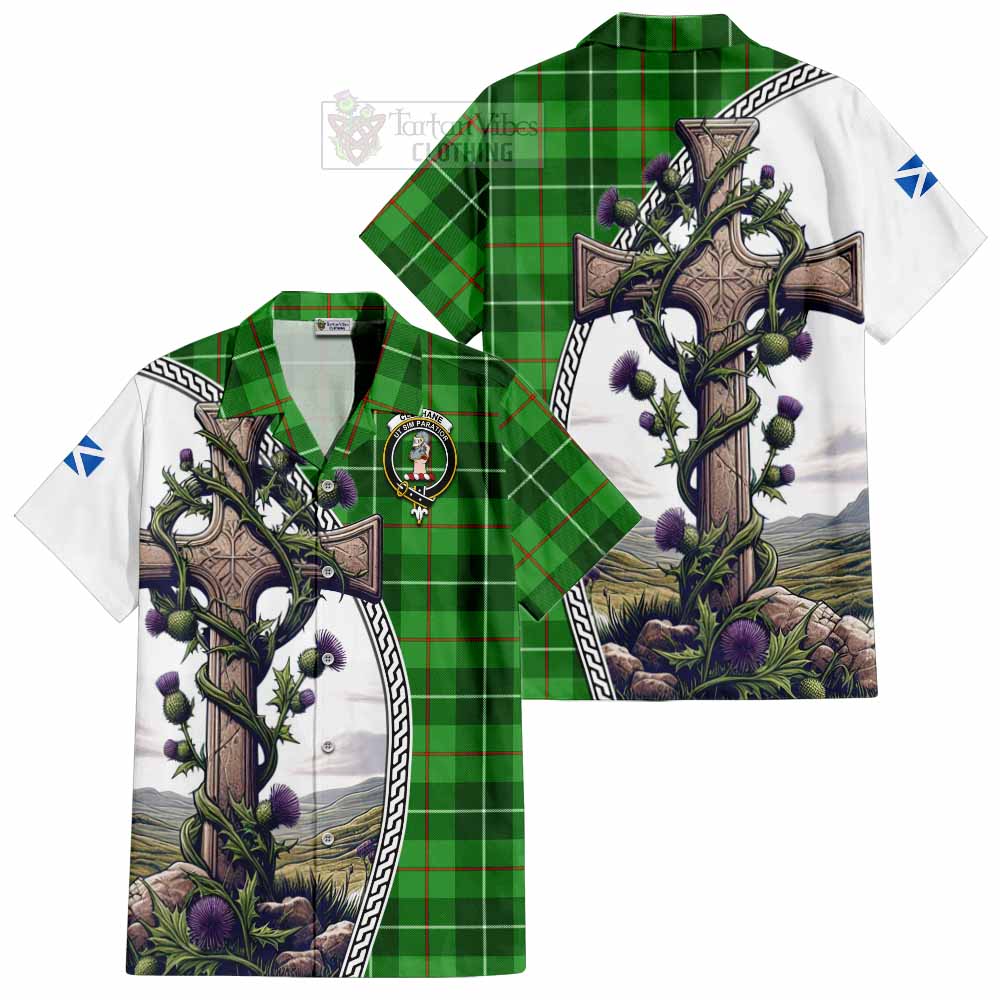 Tartan Vibes Clothing Clephane (Clephan) Tartan Short Sleeve Button Shirt with Family Crest and St. Andrew's Cross Accented by Thistle Vines