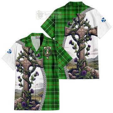 Clephane (Clephan) Tartan Short Sleeve Button Shirt with Family Crest and St. Andrew's Cross Accented by Thistle Vines