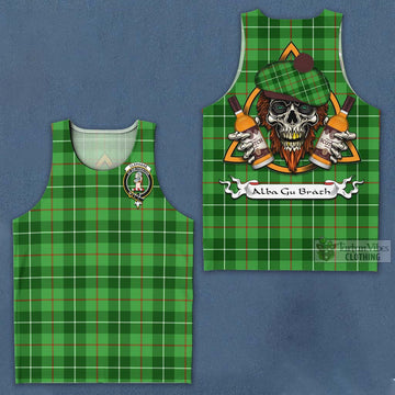 Clephane (Clephan) Tartan Men's Tank Top with Family Crest and Bearded Skull Holding Bottles of Whiskey