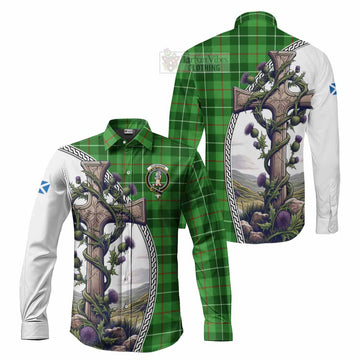 Clephane (Clephan) Tartan Long Sleeve Button Shirt with Family Crest and St. Andrew's Cross Accented by Thistle Vines