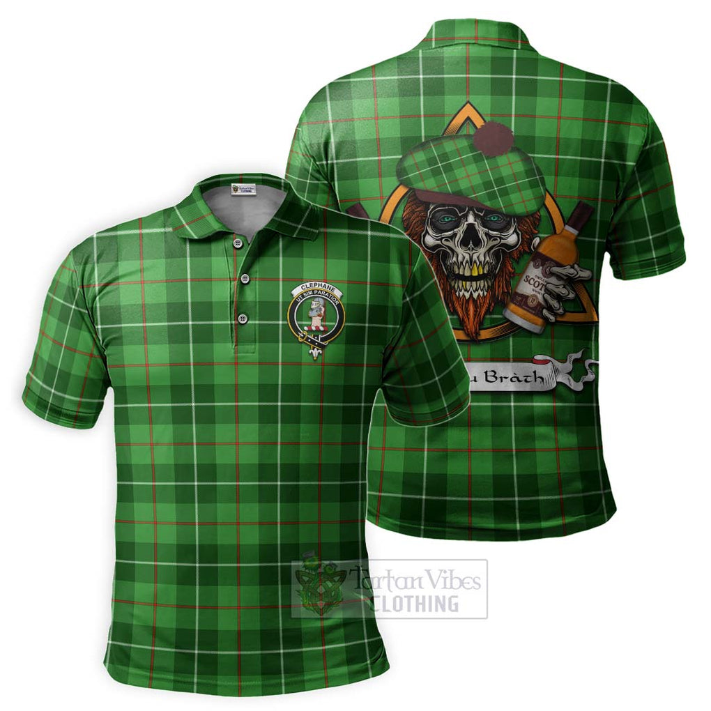 Tartan Vibes Clothing Clephane (Clephan) Tartan Polo Shirt with Family Crest and Bearded Skull Holding Bottles of Whiskey