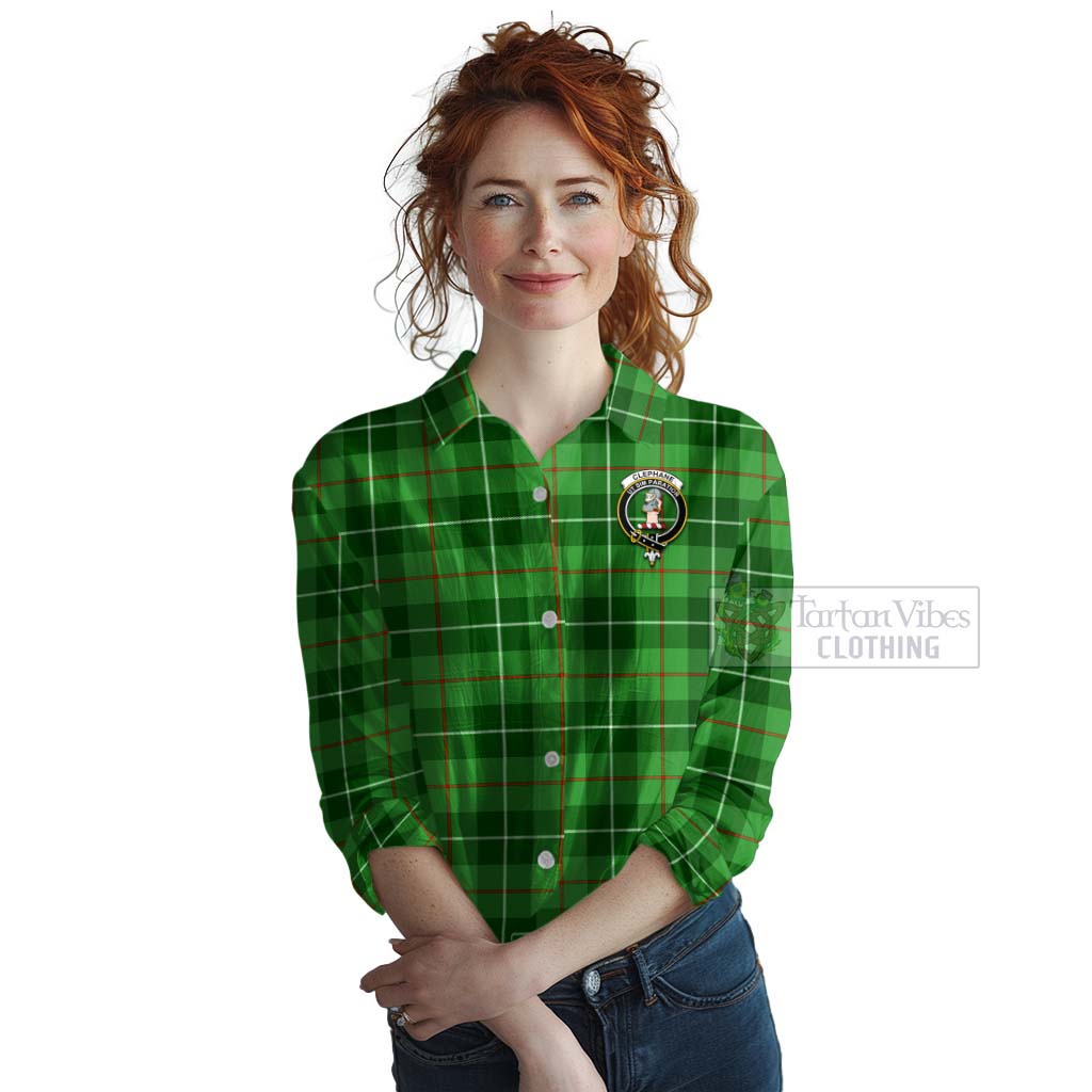 Tartan Vibes Clothing Clephane (Clephan) Tartan Women's Casual Shirt with Family Crest and Bearded Skull Holding Bottles of Whiskey