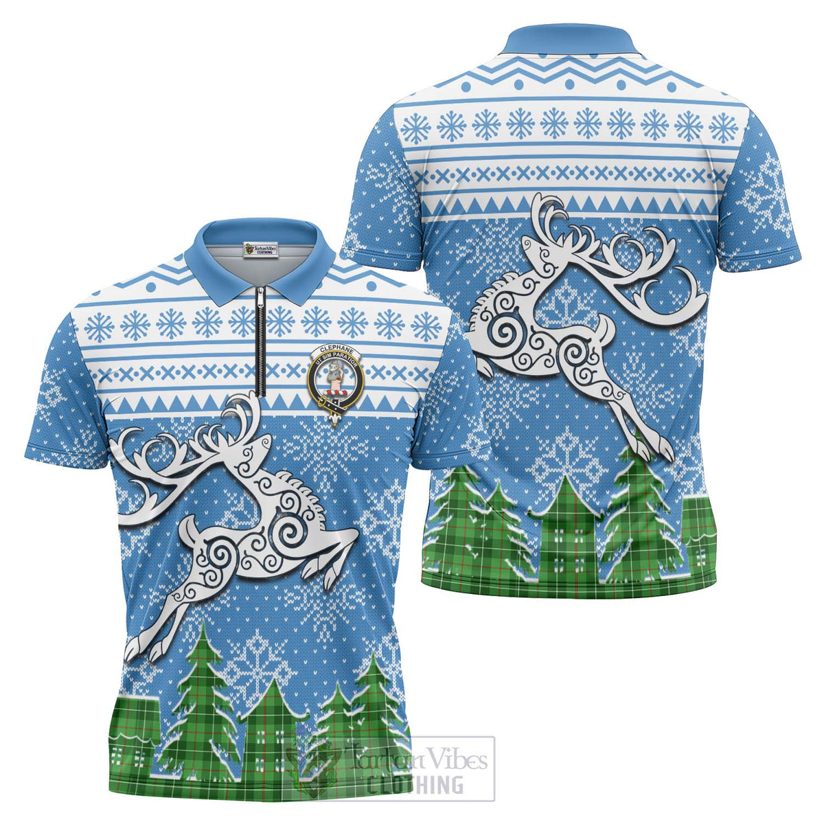 Clephane (Clephan) Clan Christmas Zipper Polo Shirt Celtic Reindeer Style Unisex - Tartan Vibes Clothing