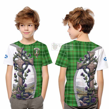 Clephane (Clephan) Tartan Kid T-Shirt with Family Crest and St. Andrew's Cross Accented by Thistle Vines