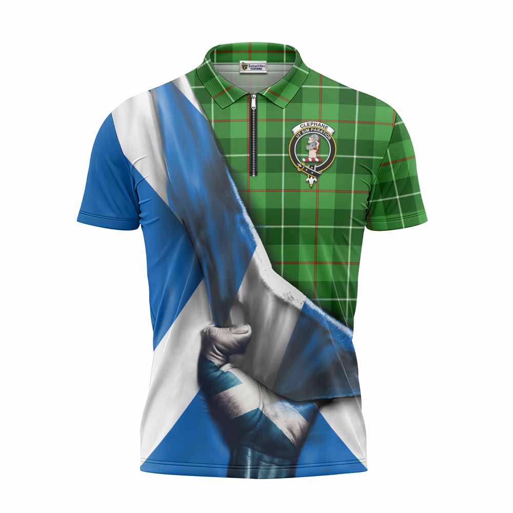 Tartan Vibes Clothing Clephane (Clephan) Tartan Zipper Polo Shirt with Family Crest Scotland Patriotic Style