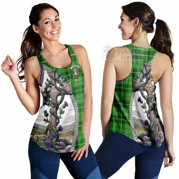 Clephane (Clephan) Tartan Women's Racerback Tanks with Family Crest and St. Andrew's Cross Accented by Thistle Vines