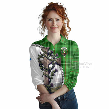 Clephane (Clephan) Tartan Women's Casual Shirt with Family Crest and St. Andrew's Cross Accented by Thistle Vines