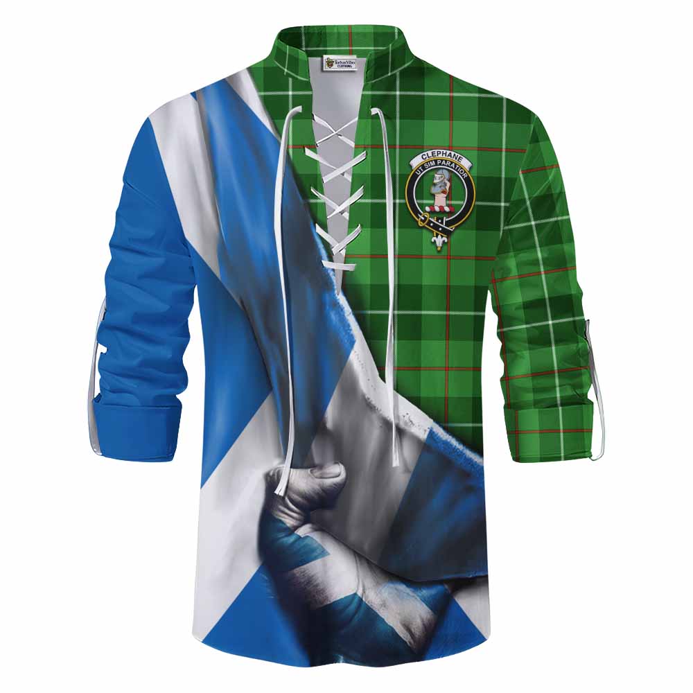 Tartan Vibes Clothing Clephane (Clephan) Tartan Ghillie Kilt Shirt with Family Crest Scotland Patriotic Style