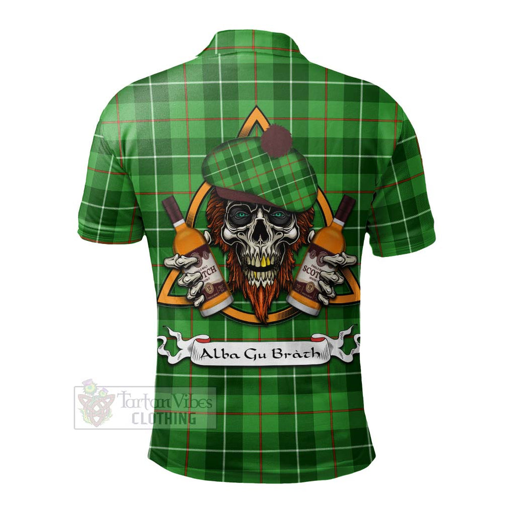 Tartan Vibes Clothing Clephane (Clephan) Tartan Polo Shirt with Family Crest and Bearded Skull Holding Bottles of Whiskey