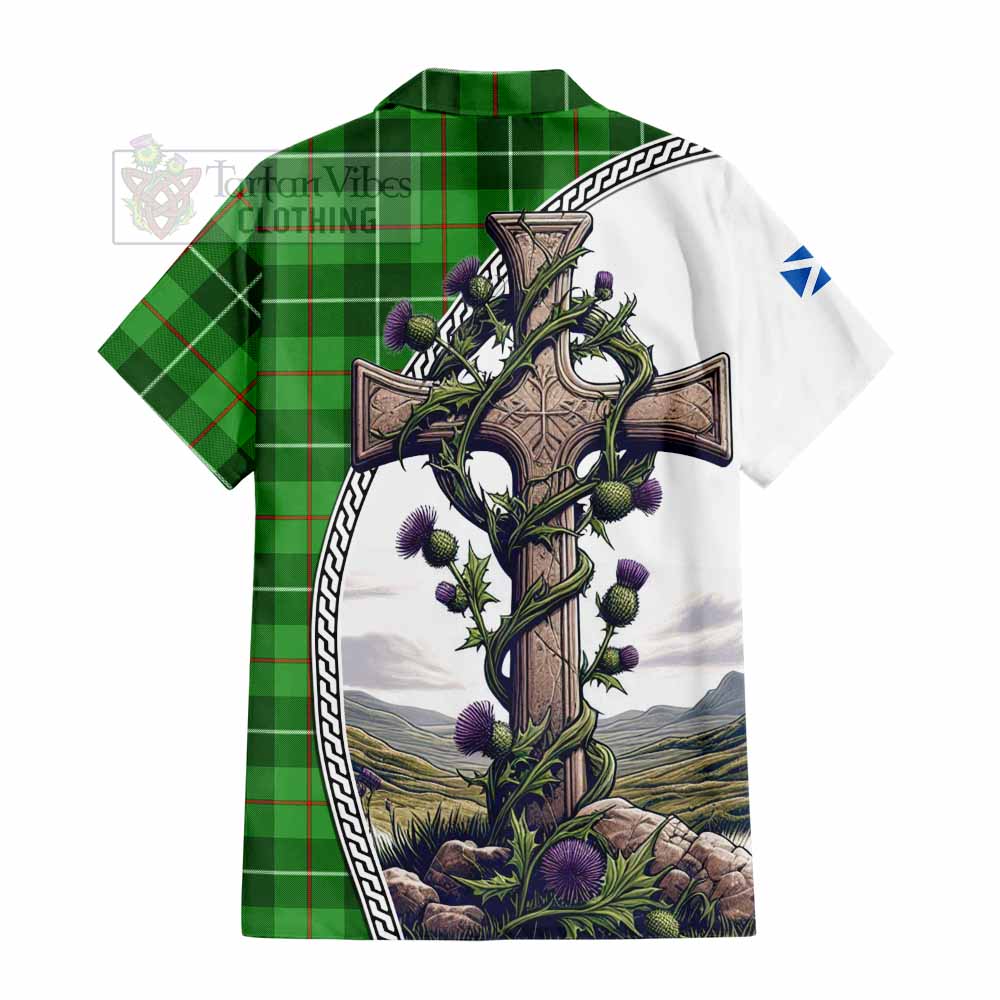 Tartan Vibes Clothing Clephane (Clephan) Tartan Short Sleeve Button Shirt with Family Crest and St. Andrew's Cross Accented by Thistle Vines