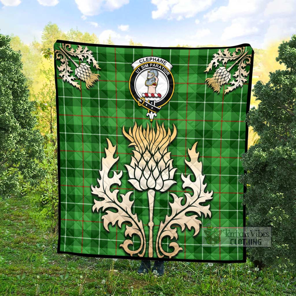 Clephane (Clephan) Tartan Quilt with Family Crest and Golden Thistle Style - Tartan Vibes Clothing