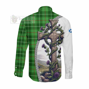 Clephane (Clephan) Tartan Long Sleeve Button Shirt with Family Crest and St. Andrew's Cross Accented by Thistle Vines