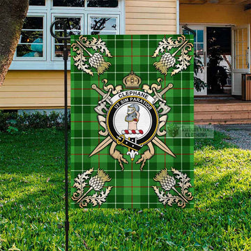 Clephane (Clephan) Tartan Flag with Family Crest and Golden Thistle Crossed Sword Design