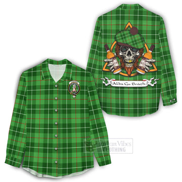 Clephane (Clephan) Tartan Women's Casual Shirt with Family Crest and Bearded Skull Holding Bottles of Whiskey