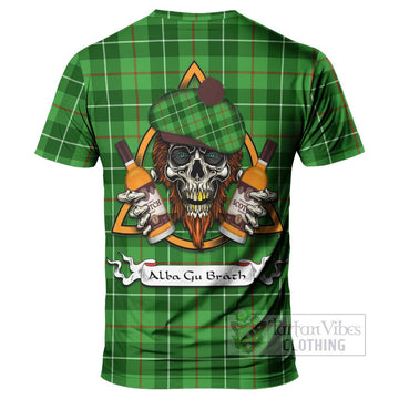 Clephane (Clephan) Tartan T-Shirt with Family Crest and Bearded Skull Holding Bottles of Whiskey - Tartan Vibes Clothing