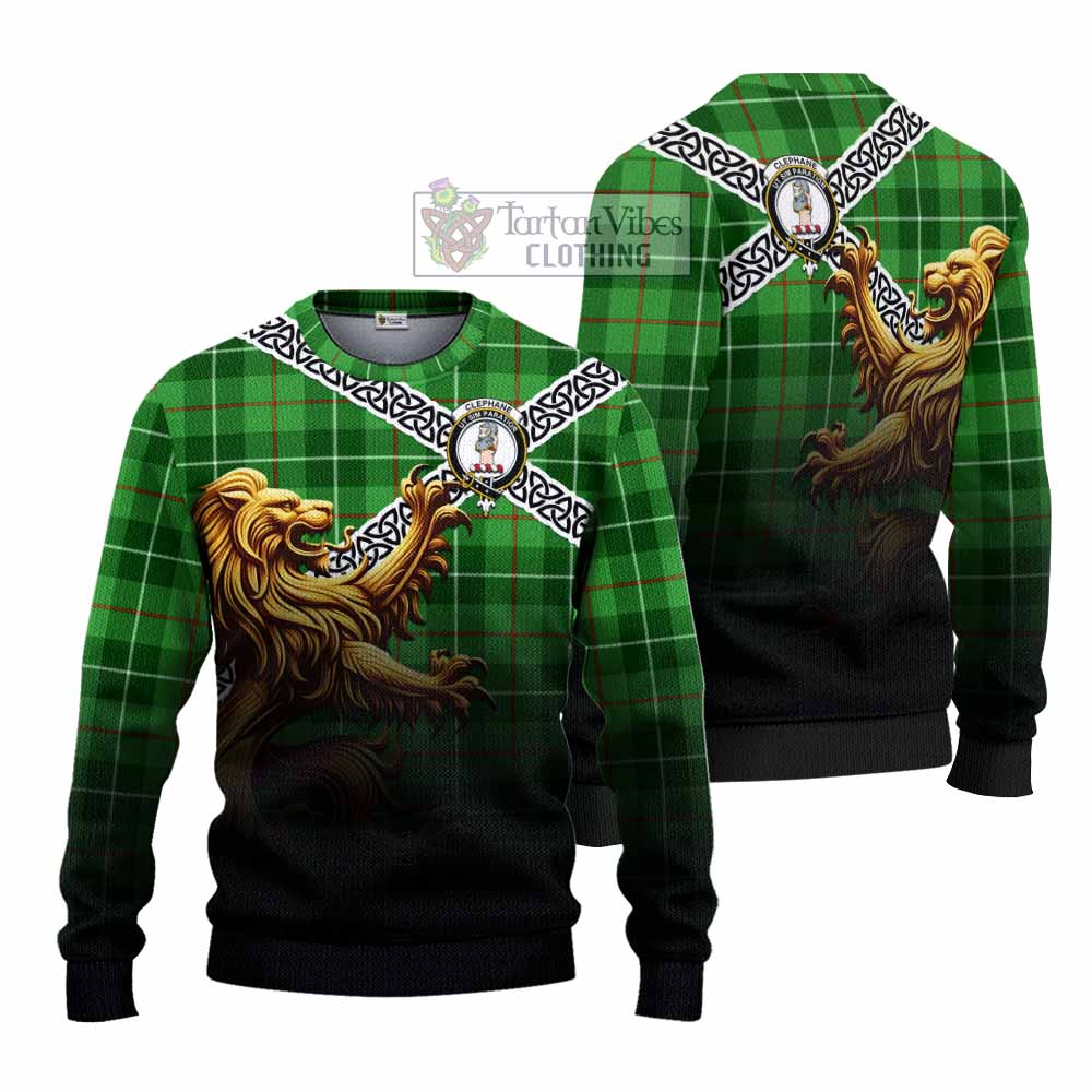 Clephane (Clephan) Crest Tartan Knitted Sweater with Golden Lion Emblem Celtic Style - Tartan Vibes Clothing