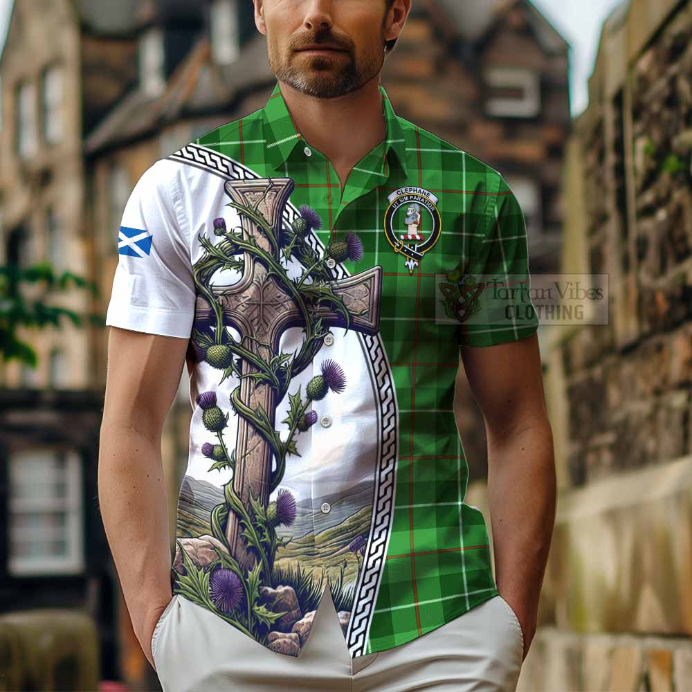 Tartan Vibes Clothing Clephane (Clephan) Tartan Short Sleeve Button Shirt with Family Crest and St. Andrew's Cross Accented by Thistle Vines