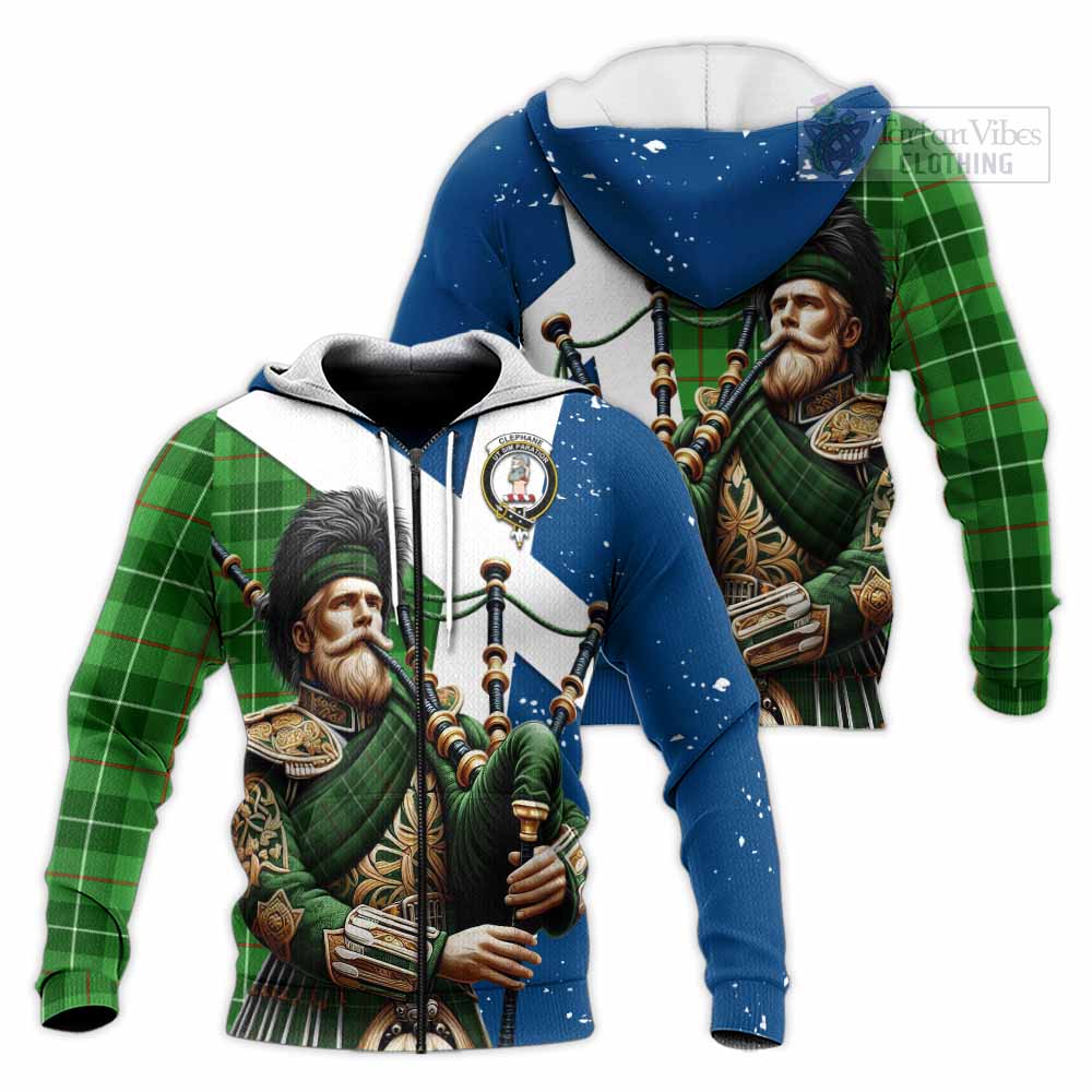 Tartan Vibes Clothing Clephane (Clephan) Tartan Knitted Hoodie with Family Crest Scottish Bagpiper Vibes