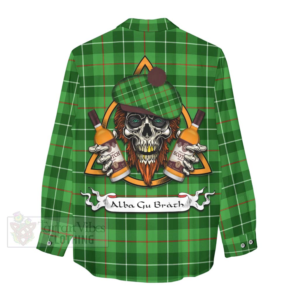 Tartan Vibes Clothing Clephane (Clephan) Tartan Women's Casual Shirt with Family Crest and Bearded Skull Holding Bottles of Whiskey