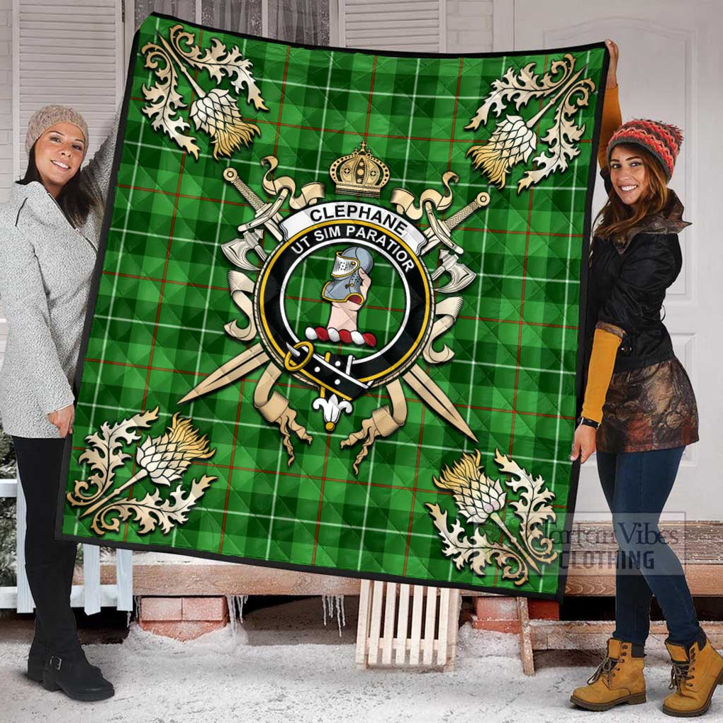 Tartan Vibes Clothing Clephane (Clephan) Tartan Quilt with Family Crest and Scottish Golden Courage Shield