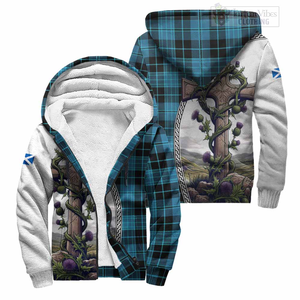 Tartan Vibes Clothing Clergy Tartan Sherpa Hoodie with Family Crest and St. Andrew's Cross Accented by Thistle Vines