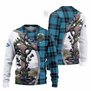 Clergy Tartan Knitted Sweater with Family Crest and St. Andrew's Cross Accented by Thistle Vines Unisex - Tartan Vibes Clothing