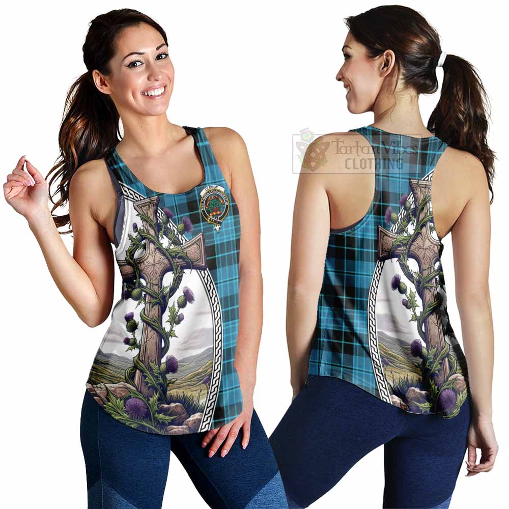 Tartan Vibes Clothing Clergy Tartan Women's Racerback Tanks with Family Crest and St. Andrew's Cross Accented by Thistle Vines