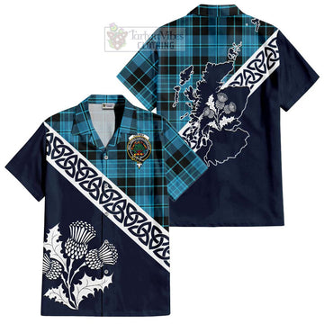 Clergy Tartan Short Sleeve Button Shirt Featuring Thistle and Scotland Map