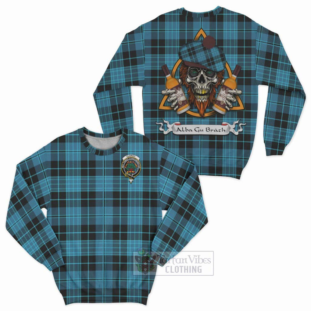 Tartan Vibes Clothing Clergy Tartan Sweatshirt with Family Crest and Bearded Skull Holding Bottles of Whiskey