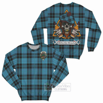 Clergy Tartan Sweatshirt with Family Crest and Bearded Skull Holding Bottles of Whiskey