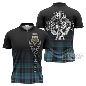 Clergy Tartan Zipper Polo Shirt Featuring Alba Gu Brath Family Crest Celtic Inspired