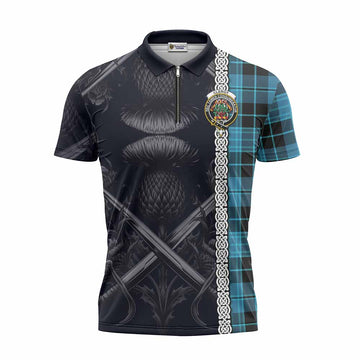 Clergy Tartan Zipper Polo Shirt with Family Crest Cross Sword Thistle Celtic Vibes