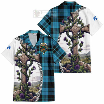 Clergy Tartan Short Sleeve Button Shirt with Family Crest and St. Andrew's Cross Accented by Thistle Vines