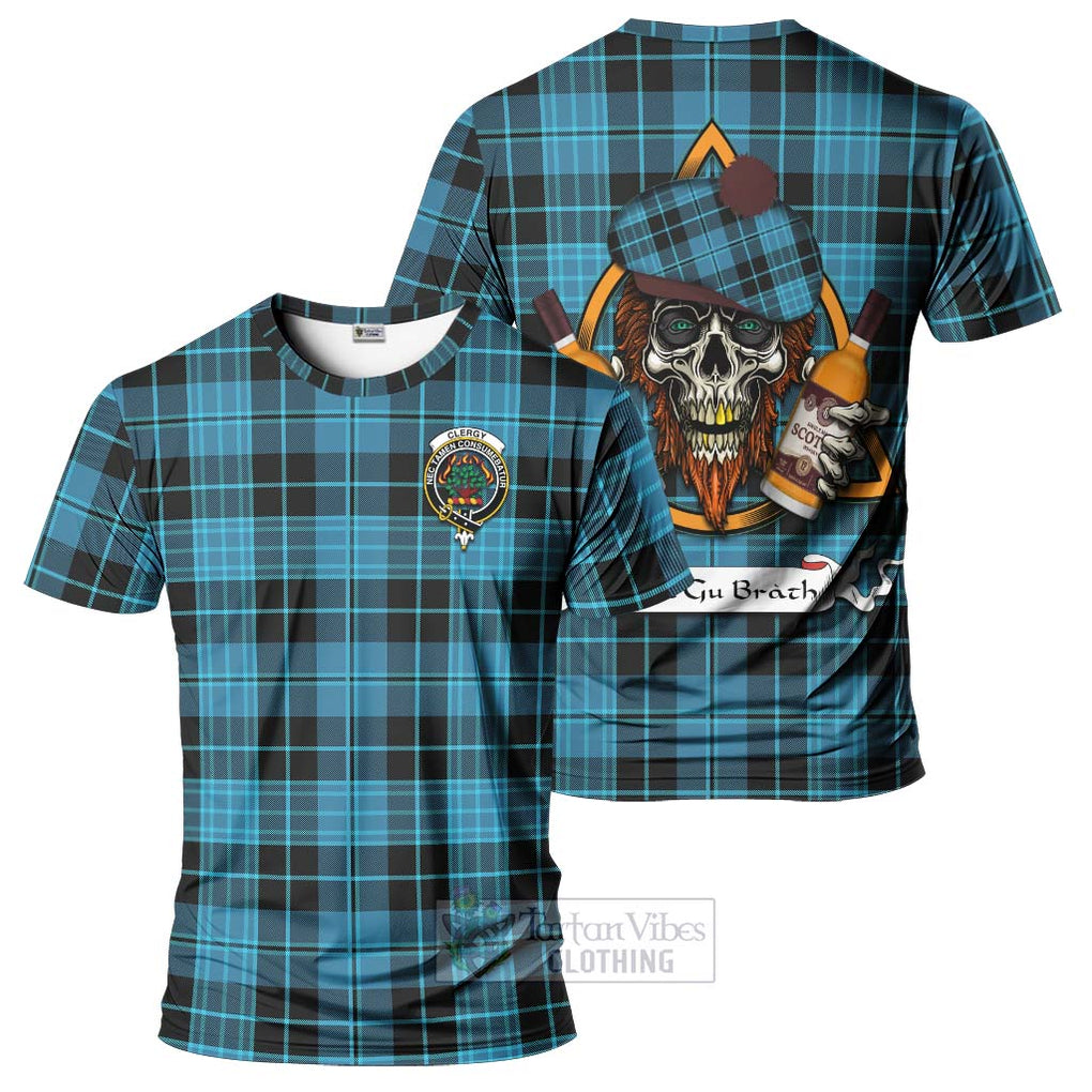 Tartan Vibes Clothing Clergy Tartan T-Shirt with Family Crest and Bearded Skull Holding Bottles of Whiskey