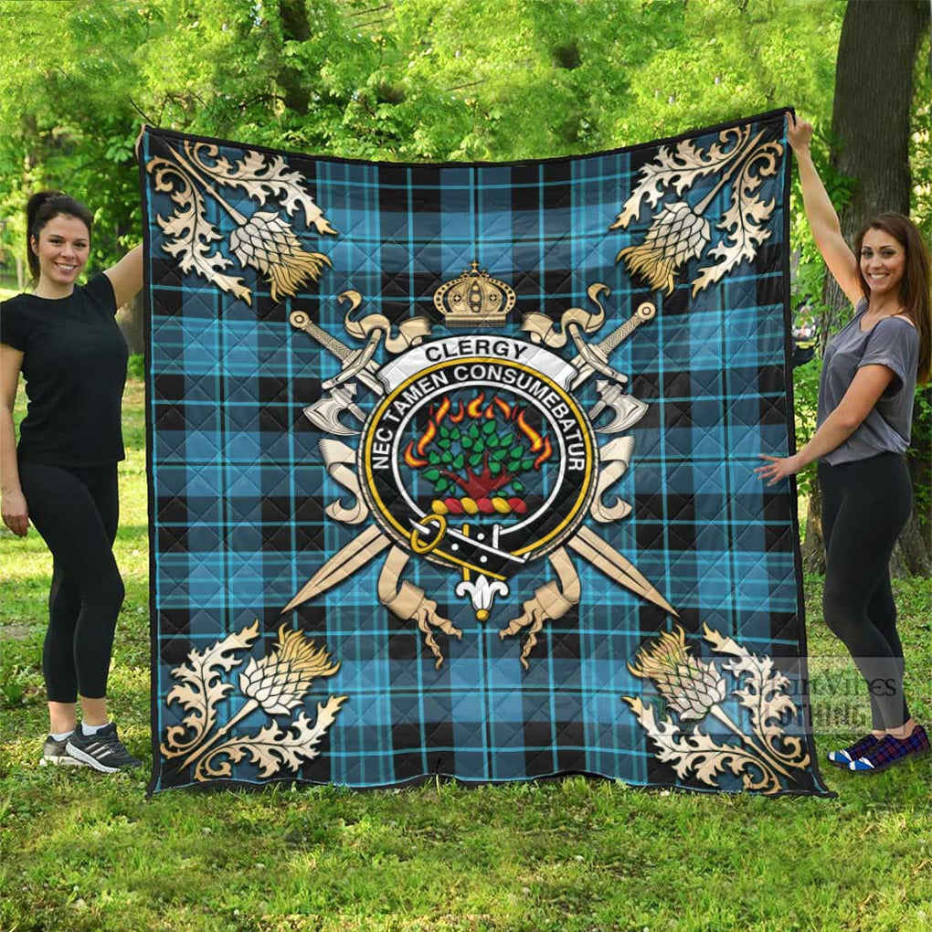 Tartan Vibes Clothing Clergy Tartan Quilt with Family Crest and Scottish Golden Courage Shield