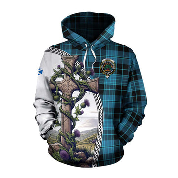 Clergy Tartan Cotton Hoodie with Family Crest and St. Andrew's Cross Accented by Thistle Vines Pullover Hoodie XS - Tartan Vibes Clothing