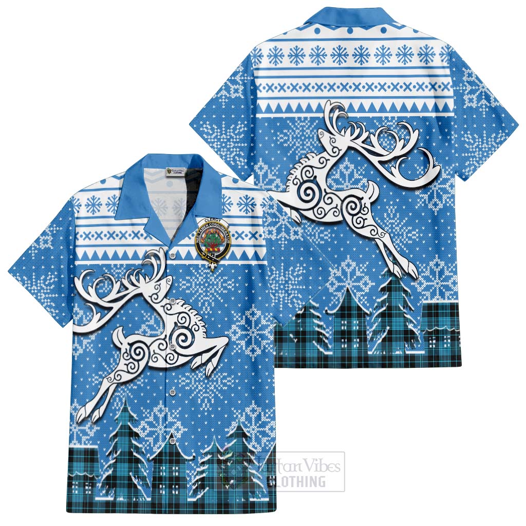 Tartan Vibes Clothing Clergy Clan Christmas Short Sleeve Button Shirt Celtic Reindeer Style